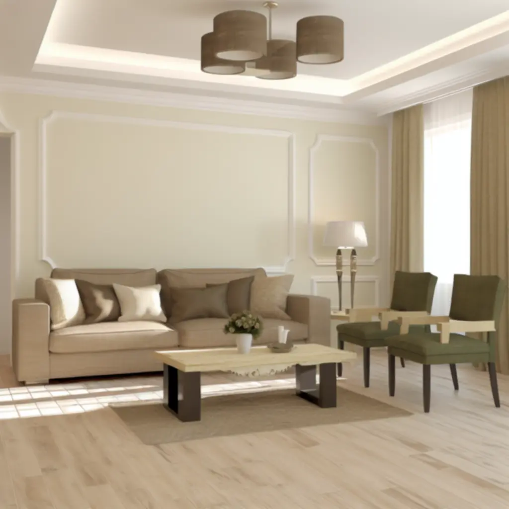 Nowoczesny, przytulny salon z beżową sofą i drewnianym stolikiem kawowym