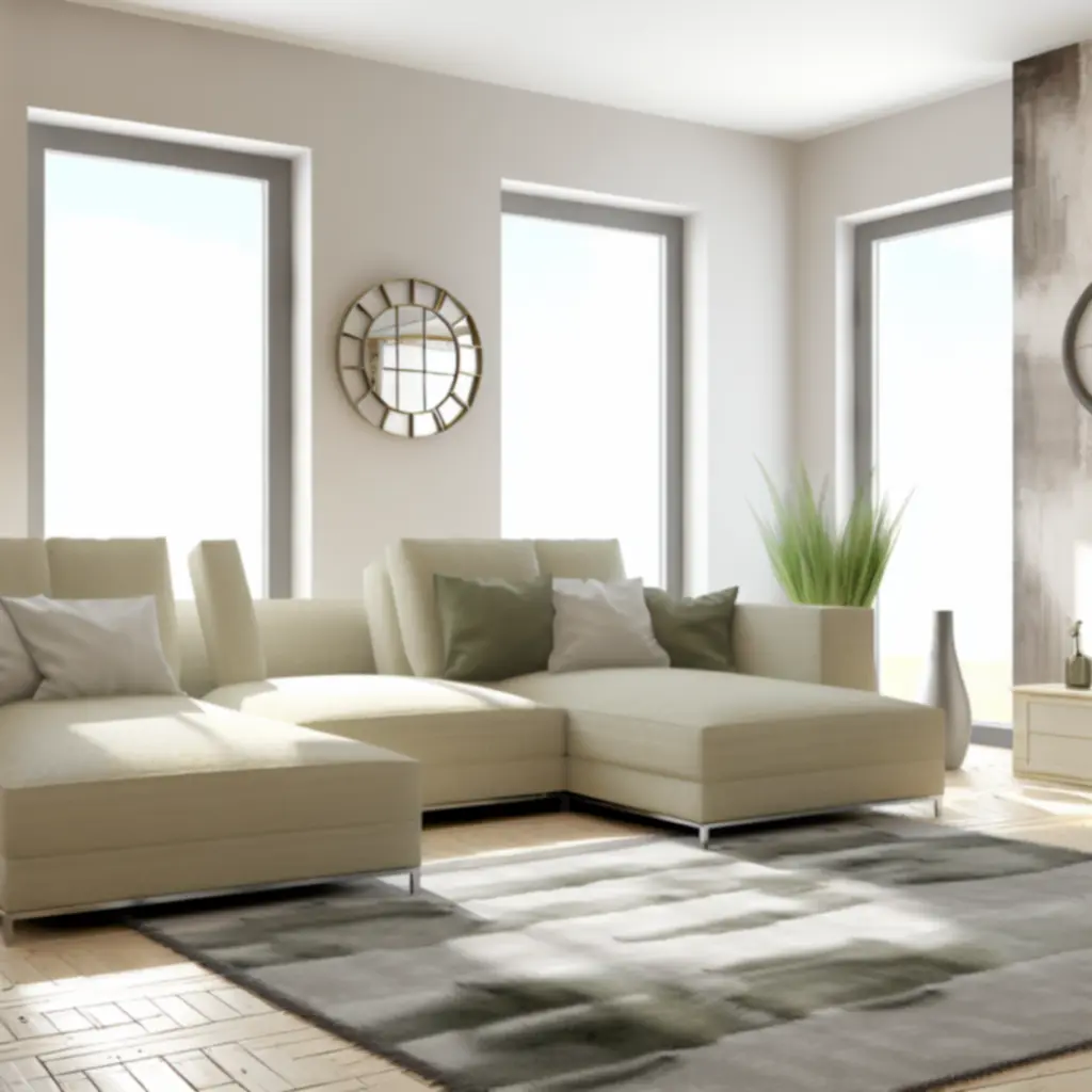 Nowoczesna, beżowa sofa HomeFurniLine ustawiona w eleganckim, jasnym salonie.