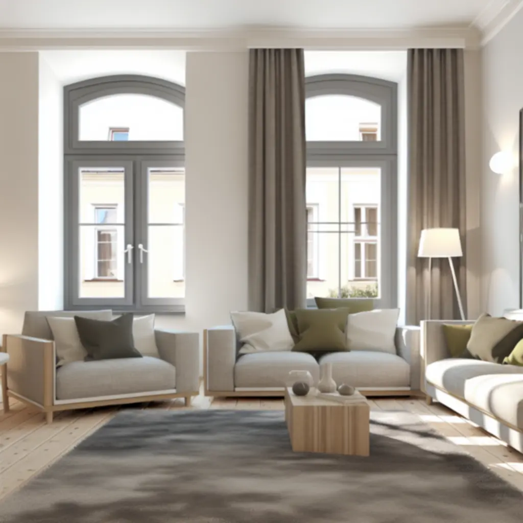 Nowoczesny, przytulny salon z beżową sofą, drewnianym stolikiem i delikatnymi akcentami w odcieniach oliwki