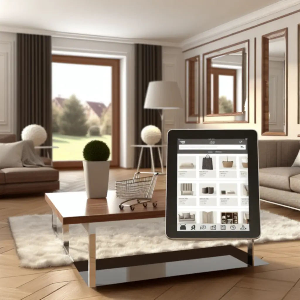 Nowoczesny salon z meblami i ikoną koszyka zakupowego