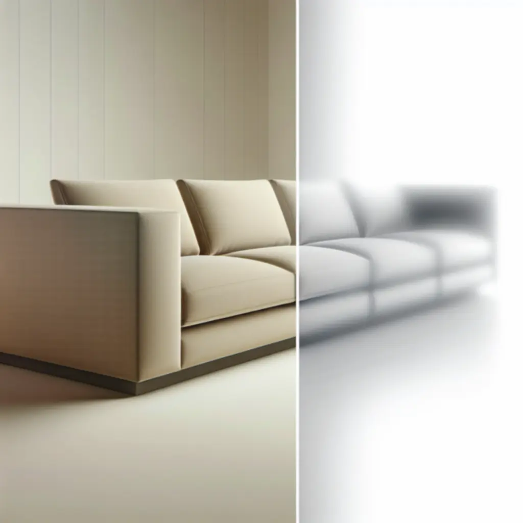 Strona produktu prezentująca nowoczesną sofę w ciepłym, beżowym wnętrzu