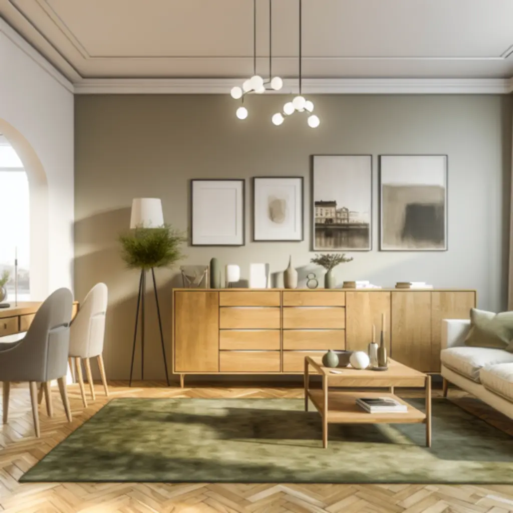 Elegancka aranżacja salonu i jadalni w ciepłych, naturalnych barwach