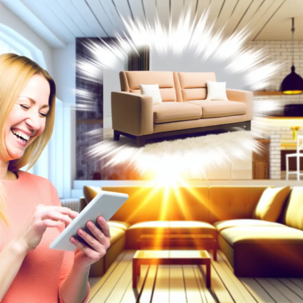 Zadowolona klientka HomeFurniLine w nowocześnie urządzonym salonie